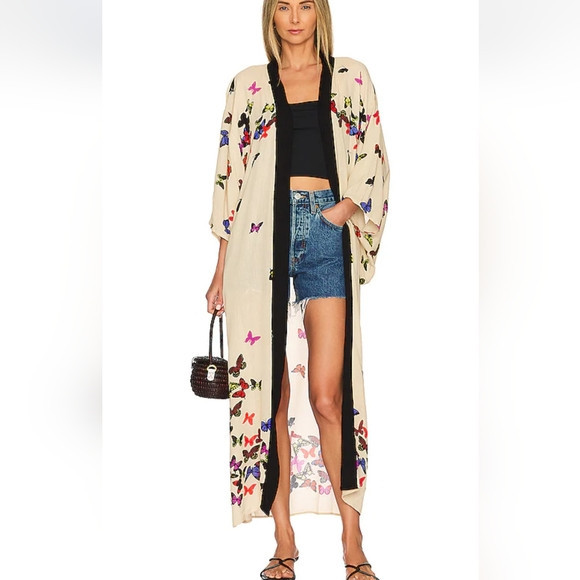 Free People Butterfly Kisses Kimono Maxi Soft Lightweight Beige Combo OSFM NWT | Poshmark