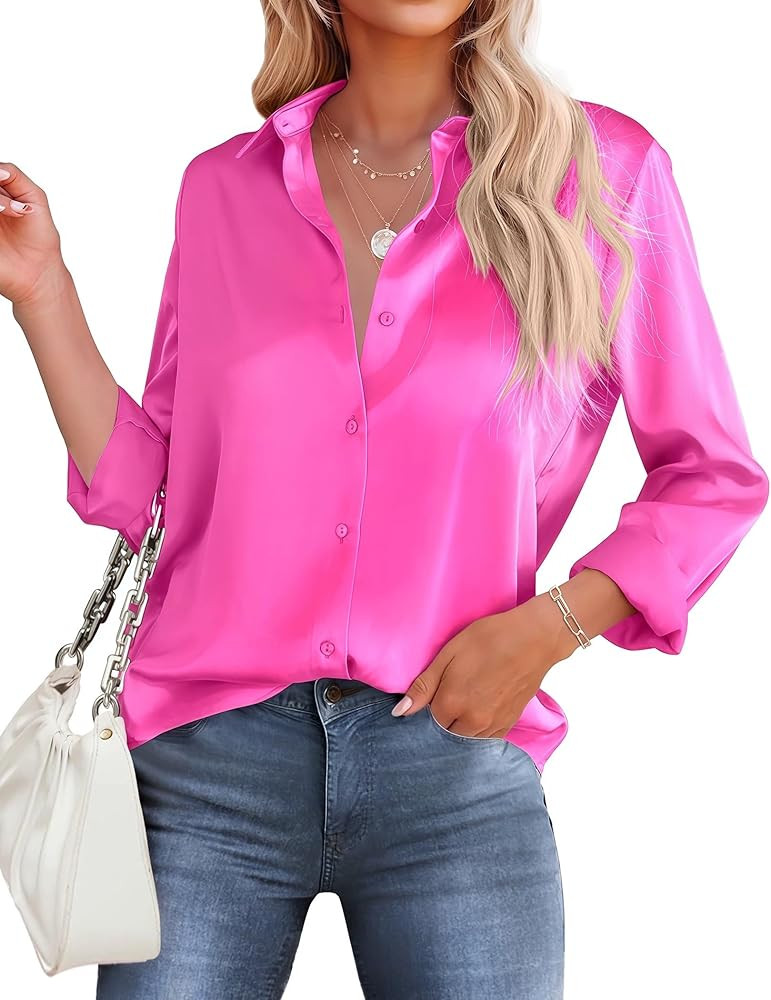 HOTOUCH Button Down Shirts for Women Satin Silk Collared Dressy Casual Blouses Loose Long Sleeve ... | Amazon (US)