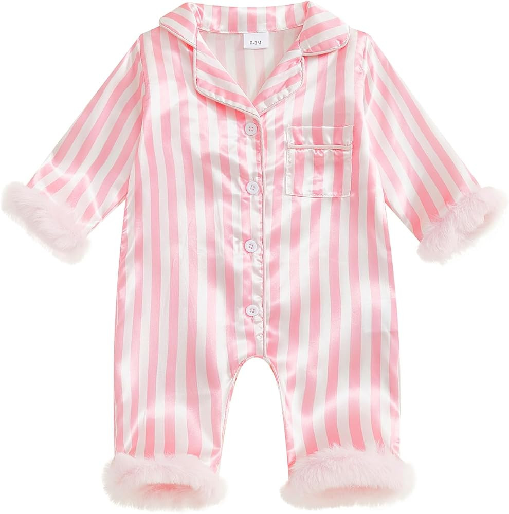 Multitrust Newborn Baby Girl Striped Silk Pajamas Button Down Feather Trim Long Sleeve Satin Infa... | Amazon (US)