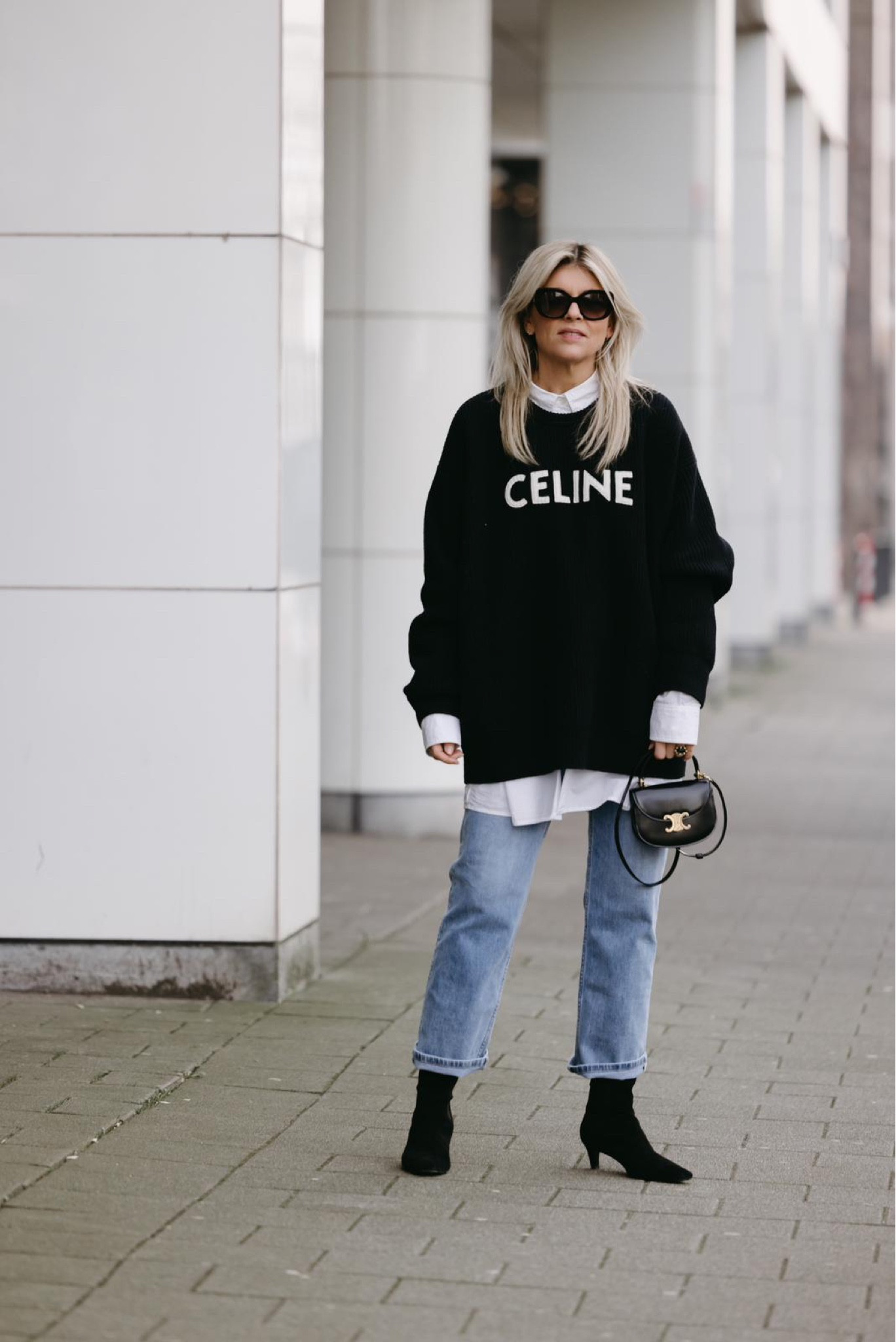 Winter 2022, Celine, black sweater, jeans, knitted sweater, black bag, white blouse, black sunglasses, black shoes, black heels, black boots. 

#LTKFind #LTKfit #LTKstyletip