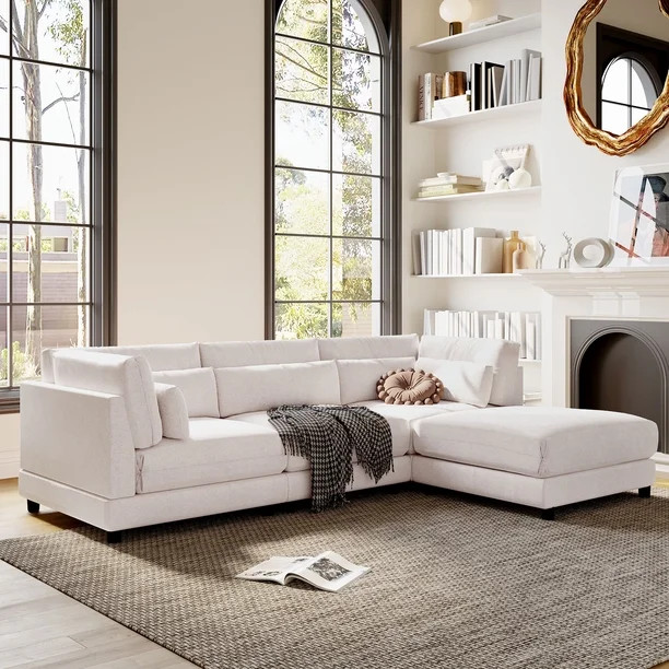 L-shaped Sofa with Removable Ottomans, Linen Upholstered Sectional Sofa with Waist Pillows and Pa... | Walmart (US)