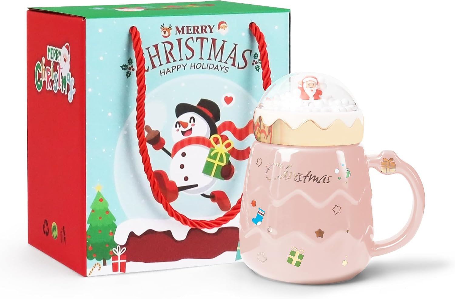 PARSUP Christmas Mug, Cute Ceramic Tea mugs with Santa Lid, Novelty Cup for Milk, Coffee, Hot Chocolate, Gift for Women, Kids, Colleagues, Family, Friends, 500ML/17.6OZ (Pink) | Amazon (US)
