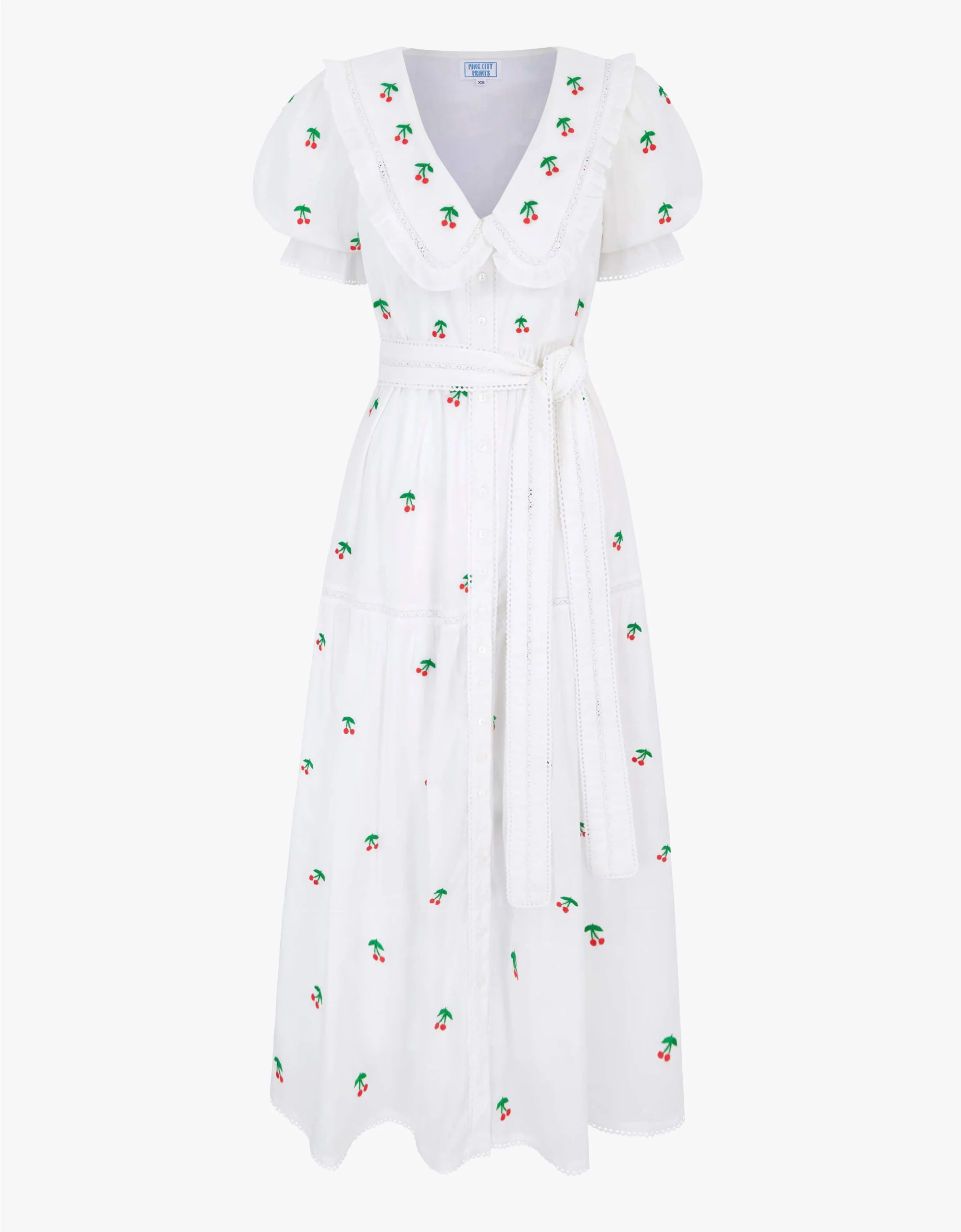 Francis Dress | Red, White Cherry Maxi | Embroidered Cotton | Pink City Prints UK
