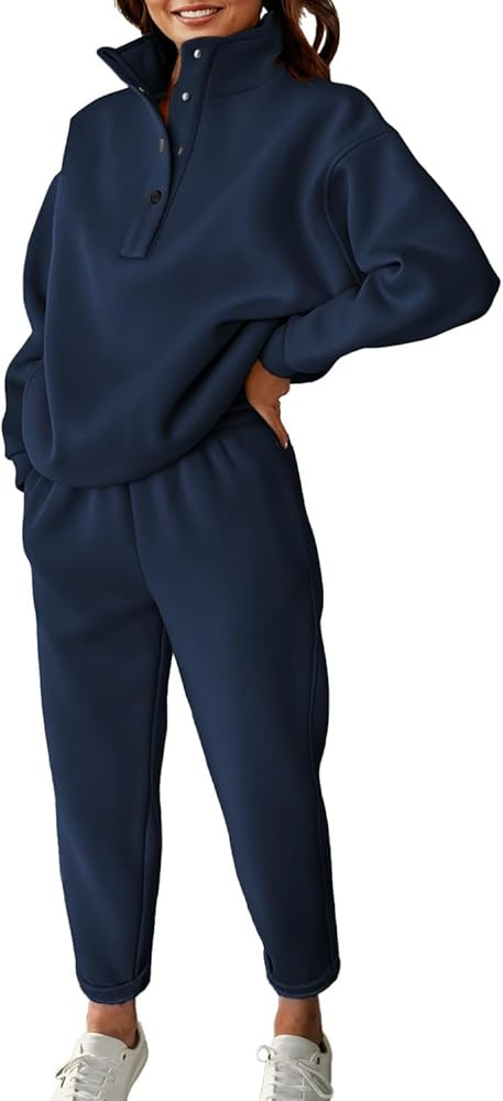 Herseas Women 2 Piece Outfits Half Button Down Drop Shoulder Sweatsuit Casual Fleeced Lounge Sets | Amazon (US)