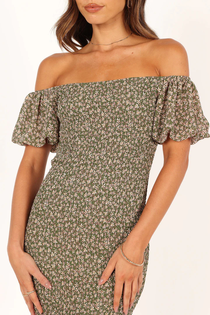 Claire Shirred Bodycon Off Shoulder Midi Dress - Green Floral | Petal & Pup (US)