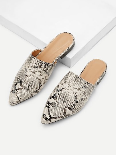 Snakeskin Pattern Point Toe Mule Flats | SHEIN
