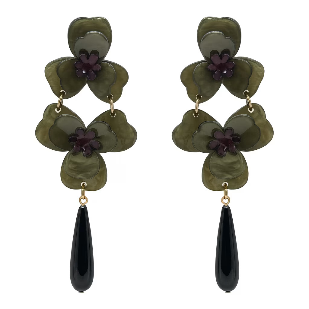 Beth Olive Double Floral Resin Drop Earrings | Wolf & Badger