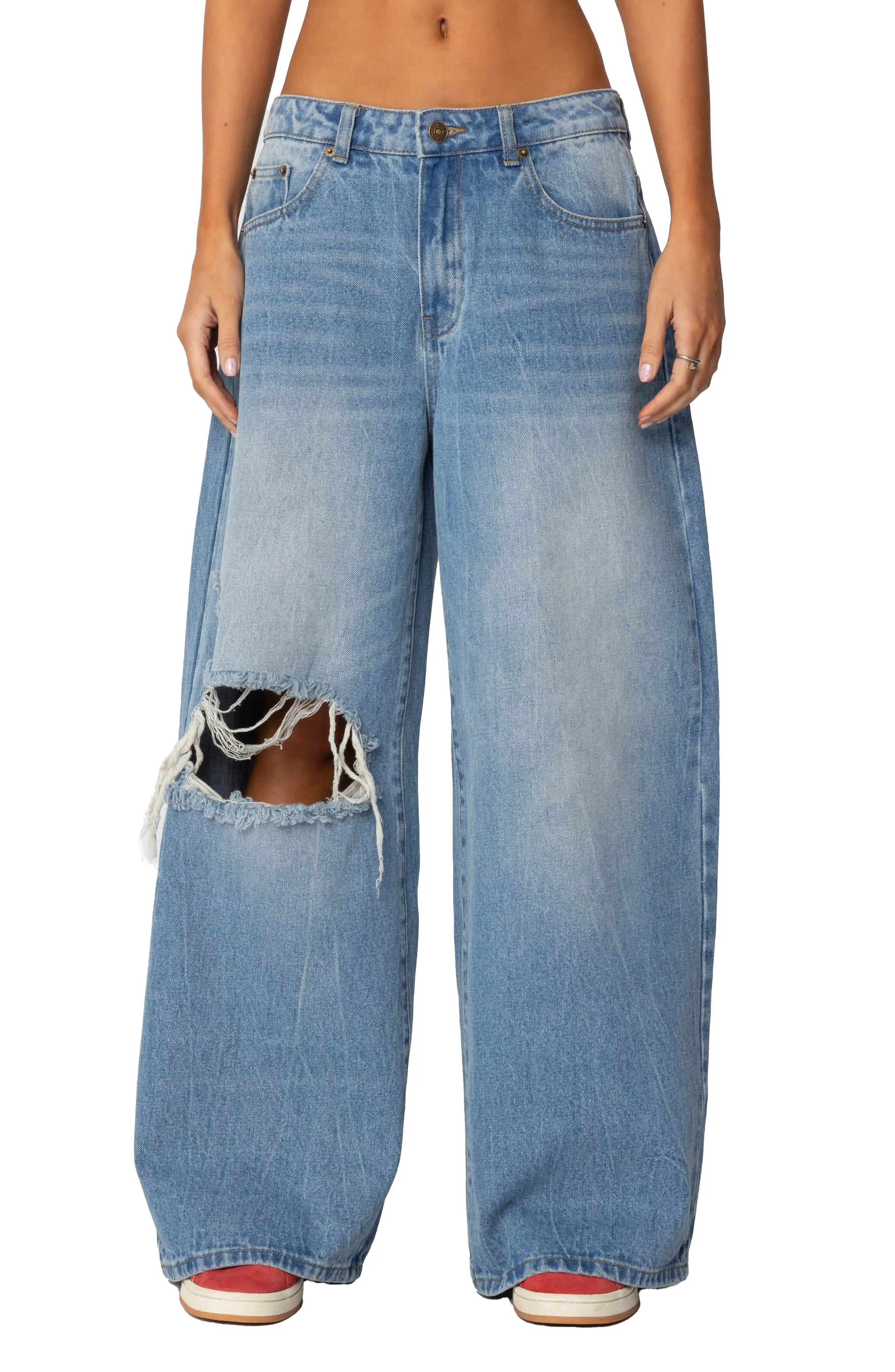EDIKTED Ripped Low Rise Baggy Wide Leg Jeans (Women) | Nordstrom | Nordstrom