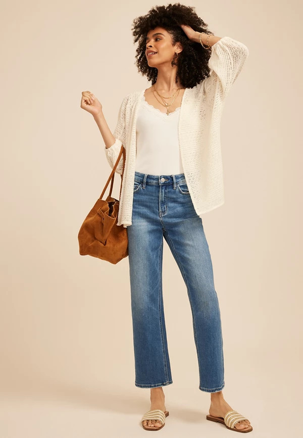 Crochet Blouson Sleeve Open Front Cardigan | Maurices