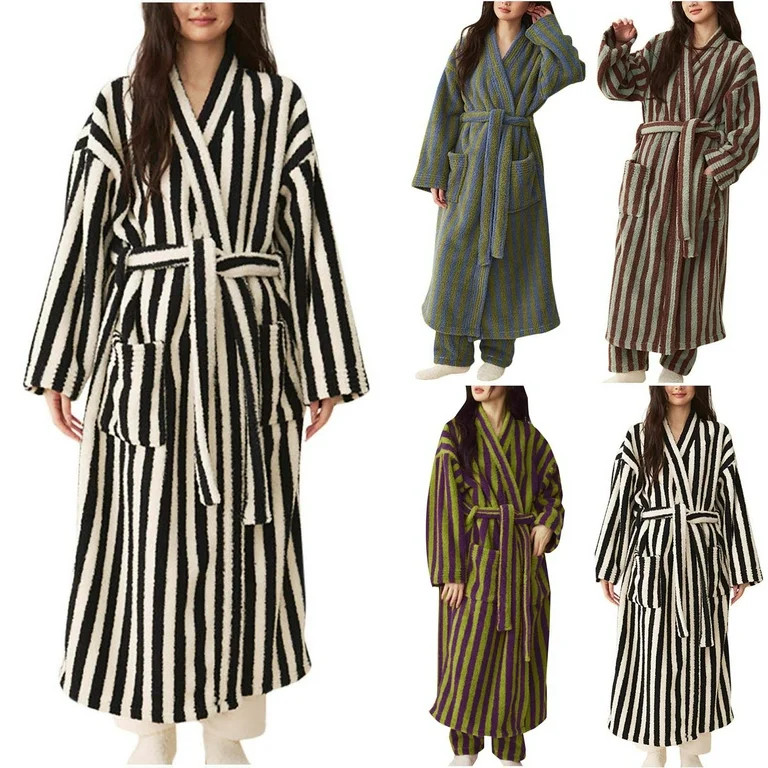 MGDXOX Women's Fuzzy Fleece Long Robe Striped Plush Kimono Warm Thick Fluffy Oversized V Neck Lou... | Walmart (US)