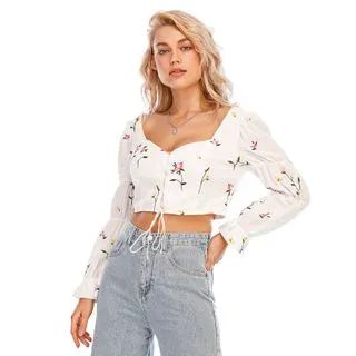 Pandaramma Floral Embroidered Long Puff-Sleeve Lace-Up Crop Top | YesStyle | YesStyle Global