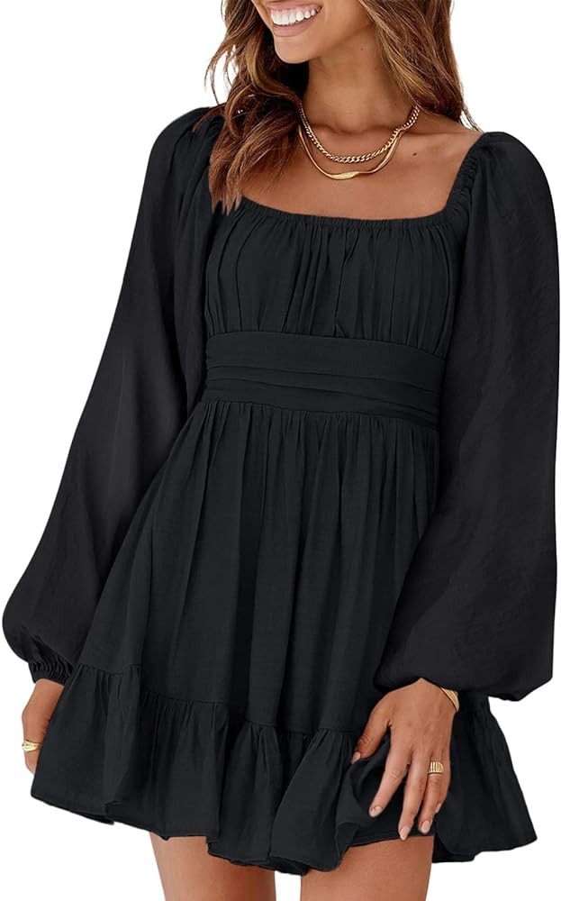 Dokotoo Womens Dress Long Lantern Sleeve Square Neck Tie Backless Sexy Dress Ruffle Elastic Waist... | Amazon (US)