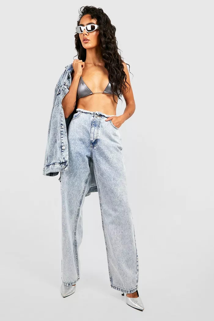 Fray Hem Waistband Wide Leg Jeans | Boohoo.com (UK & IE)