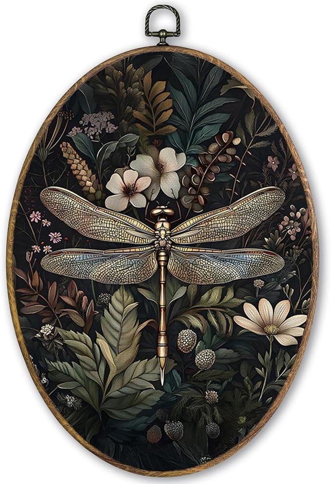 TLESKE Vintage Dragonfly Flower Oval Wall Art Decor Framed 9x12, Moody Dark Floral Canvas Wall Ar... | Amazon (US)