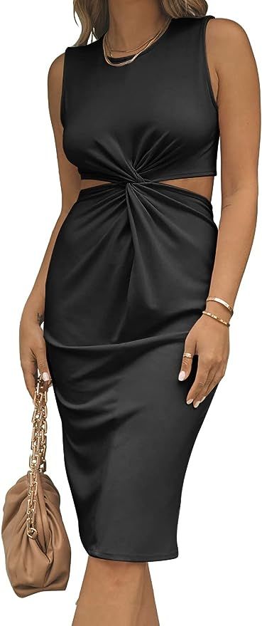 ANRABESS Women's Summer Crew Neck Sleeveless Cutout Twist Knee Length Bodycon Midi Dress | Amazon (US)