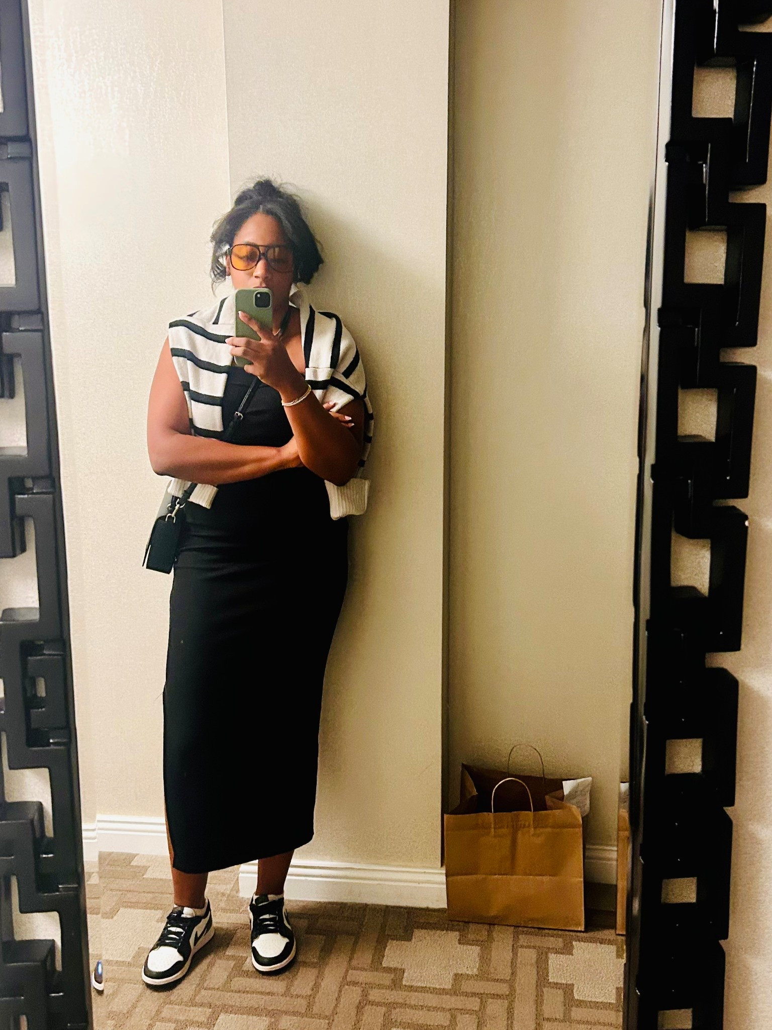 Super easy dinner look for late summer nights. Strapless black dress with a cardigan. Bump friendly as well. 