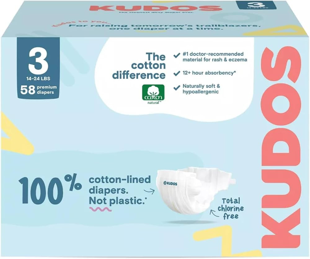 Kudos Size 3 Cotton-Lined Disposable Baby Diapers, 58 Count, Ultra Absorbent Baby Diapers, Soft C... | Amazon (US)