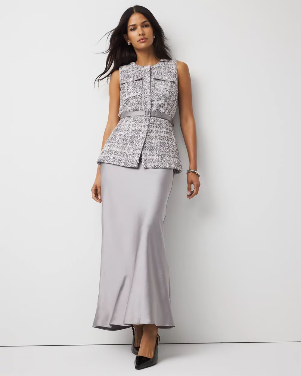 Tweed Vest + Satin Maxi Skirt | White House Black Market | White House Black Market