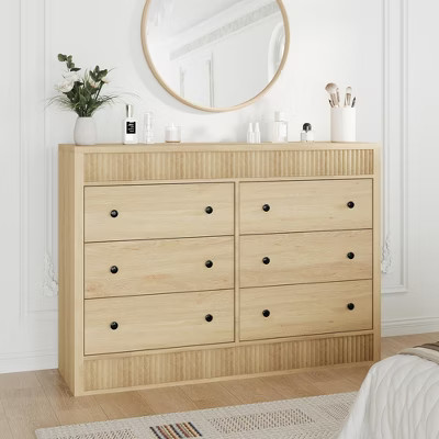 6 Drawer Dresser for Bedroom, Wooden Fluted Chest of Drawers, Modern Oak Storage Organizer Beige | Target