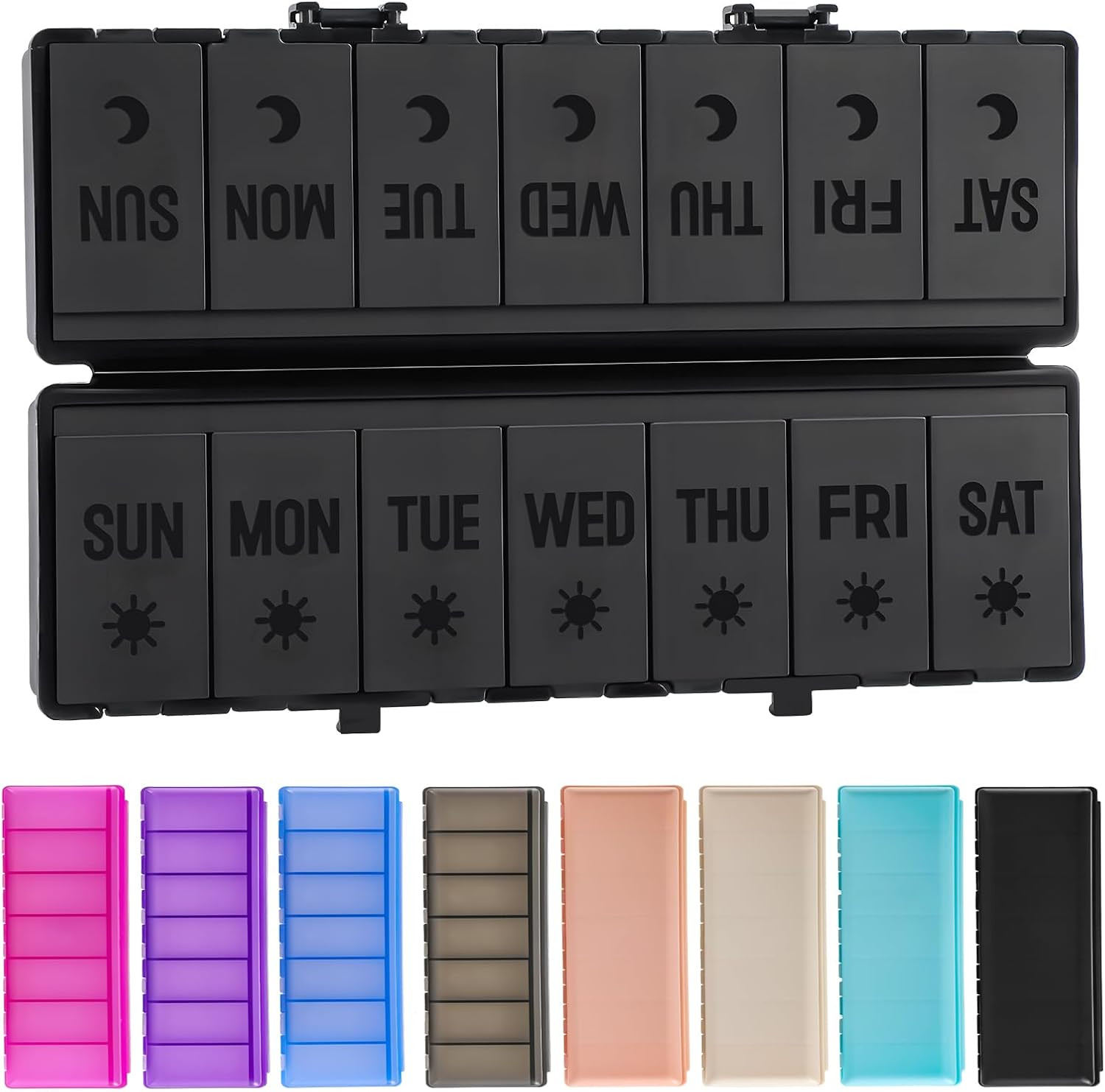 Foldable Pill Organizer 2 Times a Day w/Etched Labels -Dual Protection & Portable Weekly AM PM Pill Box, 7 Day Medicine Container, Large Travel Pill Case for Week Daily Supplement Vitamin - All Black | Amazon (US)