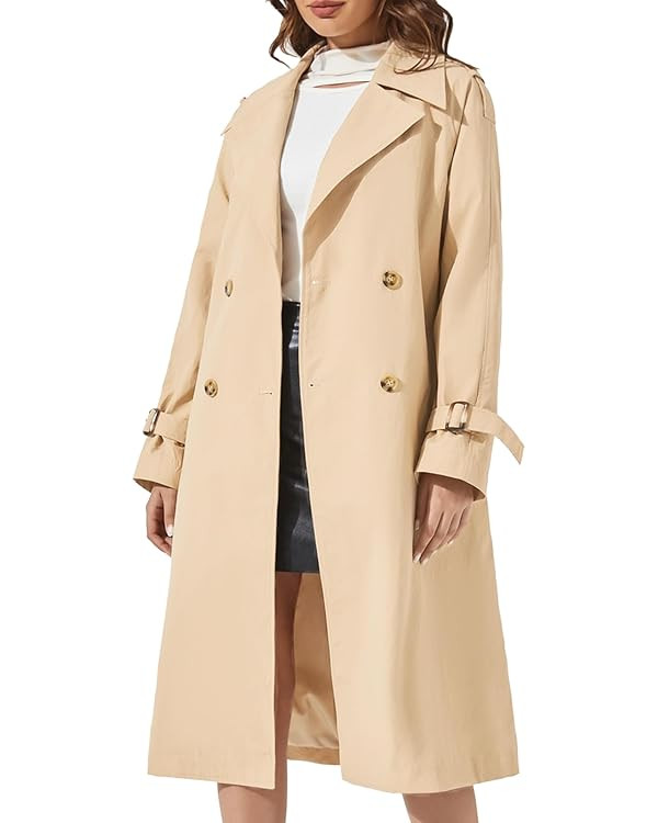 Women's Double Breasted Long Trench Coat Windproof Classic Lapel | Side Pocket Thin Coat With Bel... | Amazon (US)