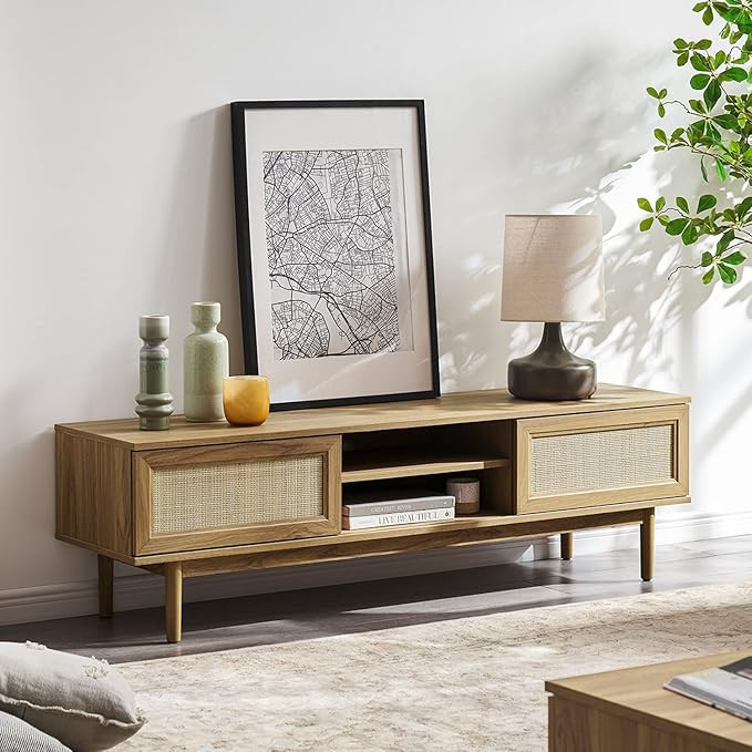 Mopio Haylee 59" TV Stand for 55/60 inch TV, Modern Farmhouse Boho with Rattan Sliding Doors, Adj... | Amazon (US)