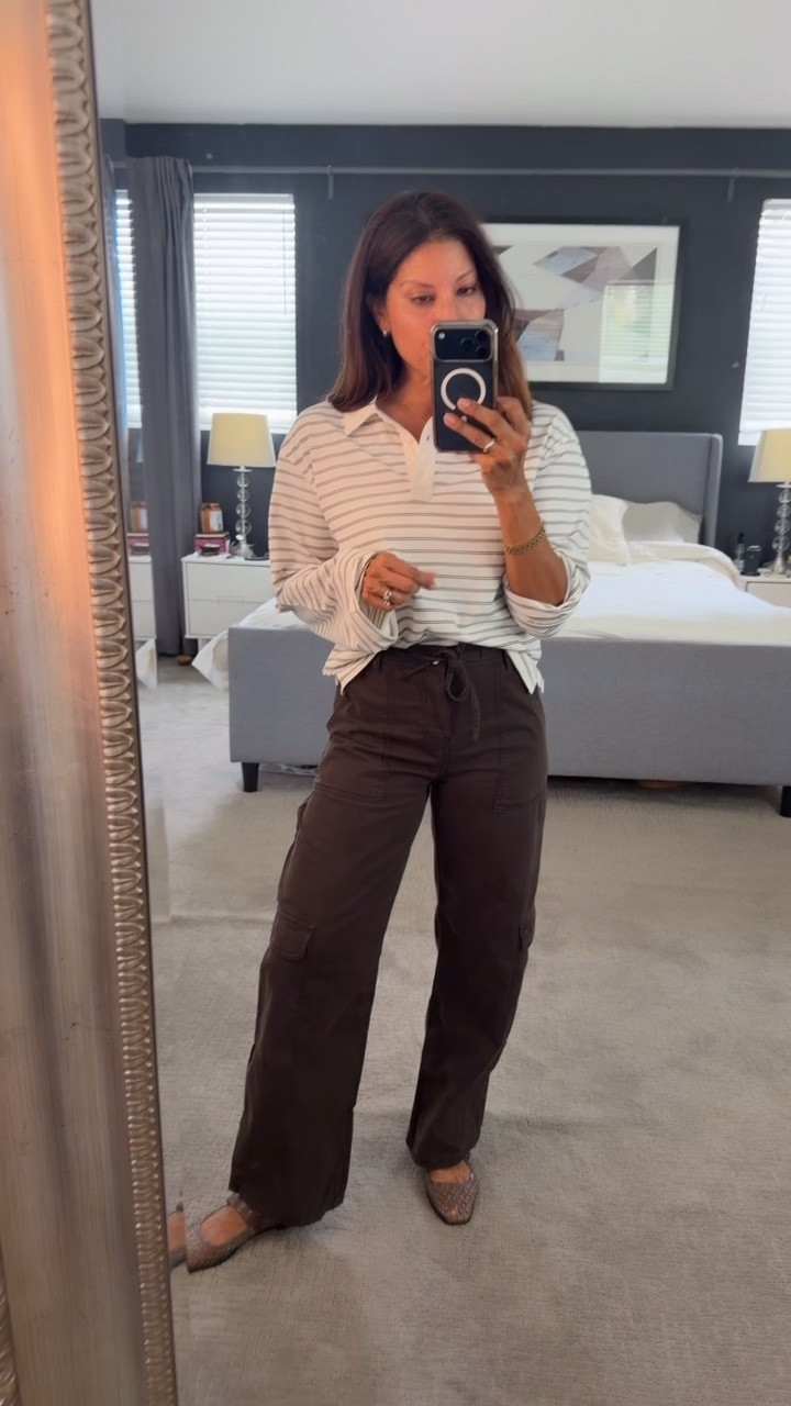 A cute fall outfit 
H&M style 
Dark brown cargo pants wearing 2 
Top size xs 

Outfit idea over 50

#LTKSeasonal #LTKPetite