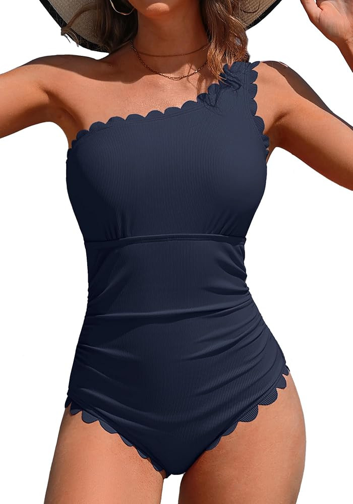 Charmo One Shoulder One Piece Swimsuit Women Ribbed Scalloped Bathing Suit Cutout Slimming Full C... | Amazon (US)