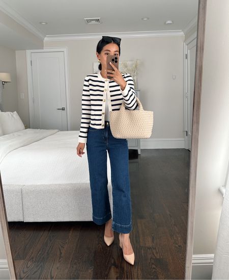 Best price I’ve seen on my staple 100% cotton cardigan jacket! I have stripe, solid black and red and have been eying the cream. 

Such a good travel piece too

Jcrew sweater cardigan xxs 
Jcrew slim wide jeans size 24 petite, waist fits a little big on me 

Naghedi small bag ecru

Marc fisher heels 5.5  

Smart casual work wear 

#LTKworkwear #LTKSpringSale #LTKSeasonal