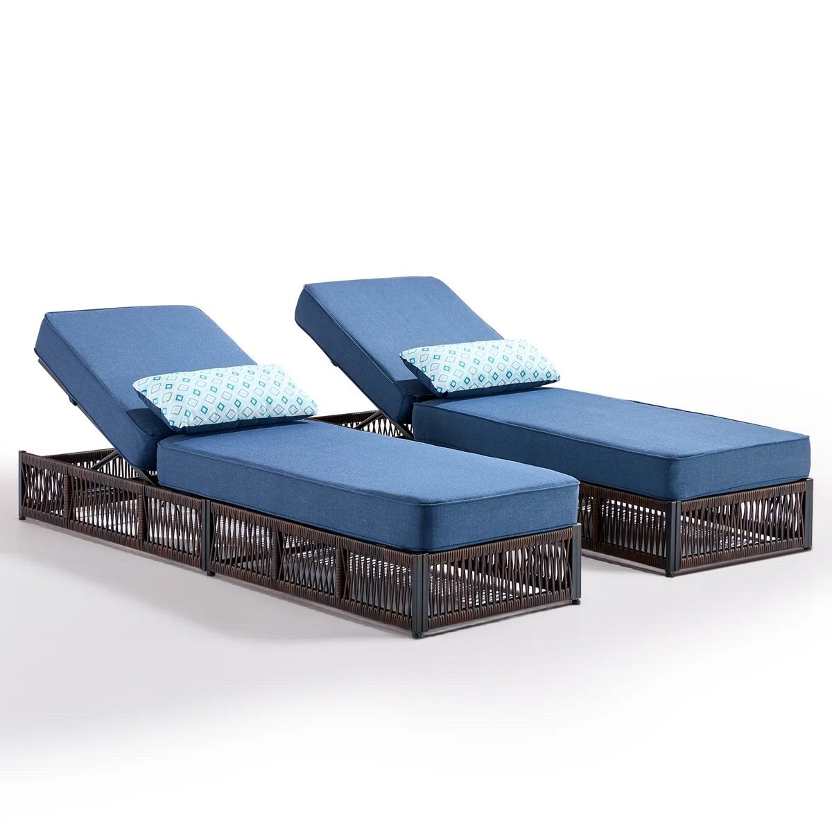 This set of 2 adjustable wicker chaise lounge chairs from Wayfair looks perfect for poolside lounging. I love the deep blue cushions, dark brown woven frames, adjustable backs, and patterned lumbar pillows for a comfy backyard or patio setup. Such a nice pair for relaxing by the pool or stretching out with a book. #WayfairFinds #ChaiseLounge #PoolFurniture #PatioFurniture