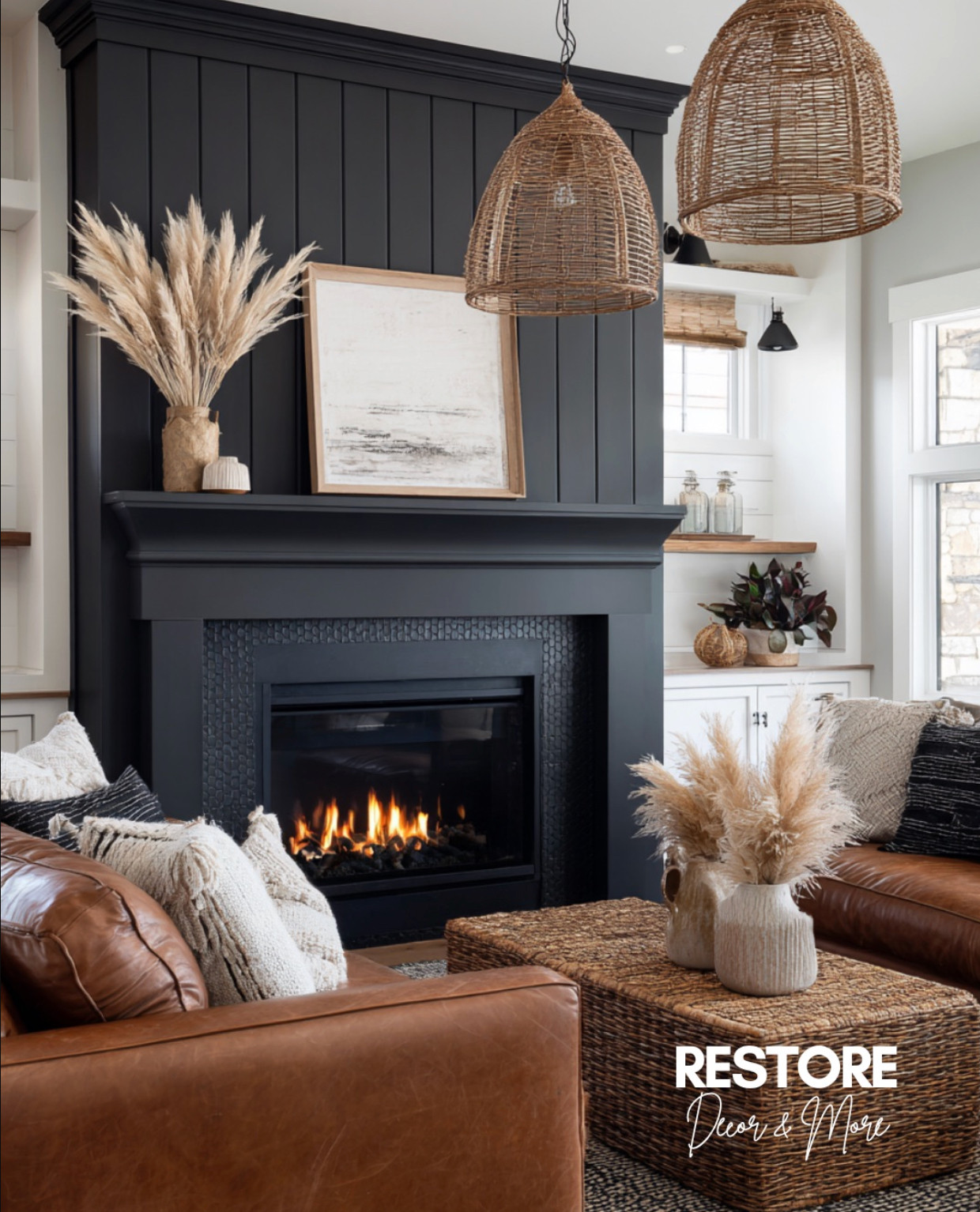 This cozy corner is proof that black can feel warm and inviting 🤎 The contrast of the matte black fireplace against soft neutrals, woven textures, and warm leather makes this space feel perfectly balanced. Pampas grass, wicker pendants, and natural accents bring that organic modern touch I can’t get enough of! Would you go bold with a black fireplace in your home?

#livingroomdecor #modernfarmhousestyle #cozyhomeinspo #fireplaceideas #blackfireplace #organicmodern #neutraldecor #interiordesignideas #cozyvibes #homedecorinspo #modernfarmhouse #earthytonehome #restyleyourspace #browncouch #cognac #brownsofa #pendantlights #rattan 

 #LTKHome