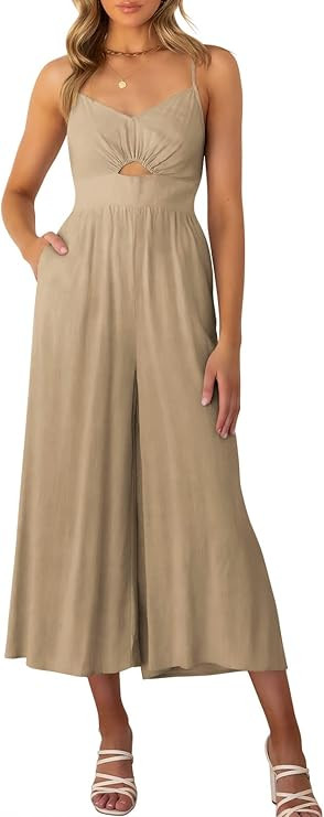 Prinbara Women's Summer V Neck Spaghetti Straps Cutout Smocked High Waist Wide Leg Jumpsuits Romp... | Amazon (US)