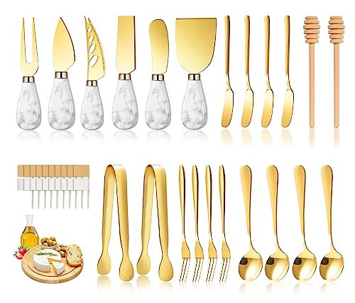 Marble Gold Cheese Knife Set, Ceramic Handle Charcuterie Board Accessories - Butter Spreader, Cheese Slicer, Serving Tongs, Spoons, Forks, Flags, Wooden Honey Dipper | Amazon (US)