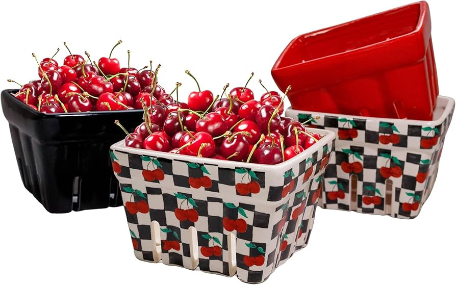 BIEN BEAU Checkered black and White with red Cherries pattern Ceramic Berry Basket - Colander -Mo... | Amazon (US)