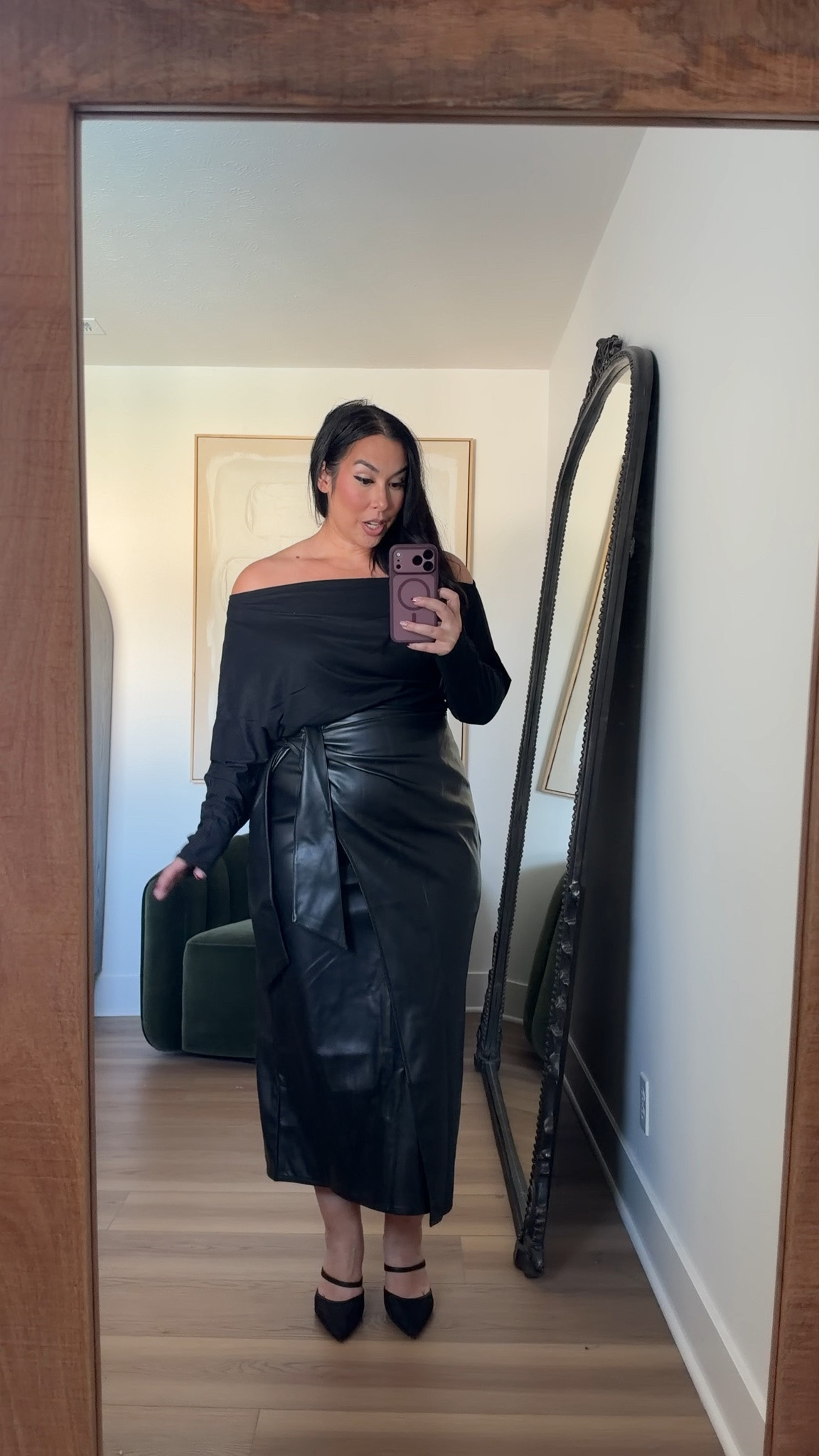 I can't get enough of this faux leather wrap skirt! It's so comfortable and soft belly friendly. Wearing an XL on top and bottom. Midsize, midsize fashion, fall, fall fashion, amazon 

 #LTKootd #LTKMidsize