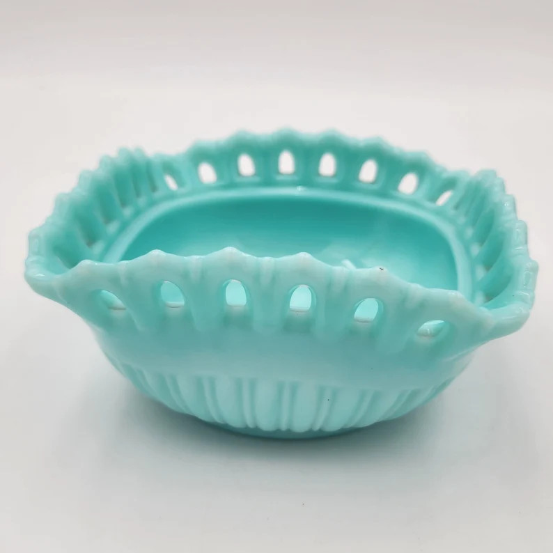 Vintage Fostoria Randolph Blue Milk Glass Square Bowl with Lace Edge | Etsy (US)
