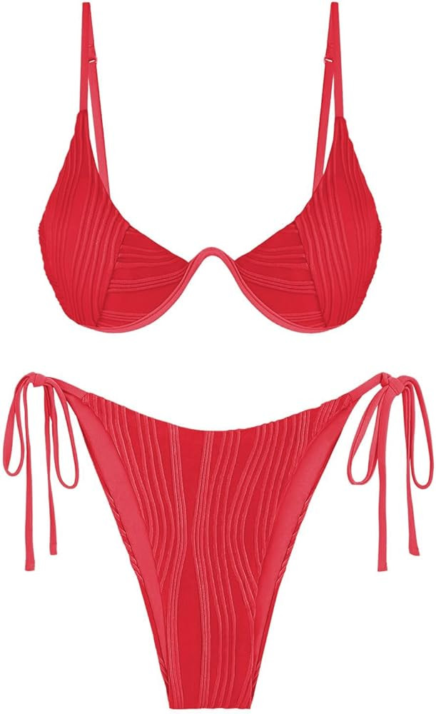 ZAFUL Women's Textured Underwire Bikini Set V Notch High Cut Swimwear Tie Side Ribbed Sexy Swimsu... | Amazon (US)