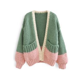 Color Blocked Hand-Knit Chunky Cardigan in Green | Chicwish