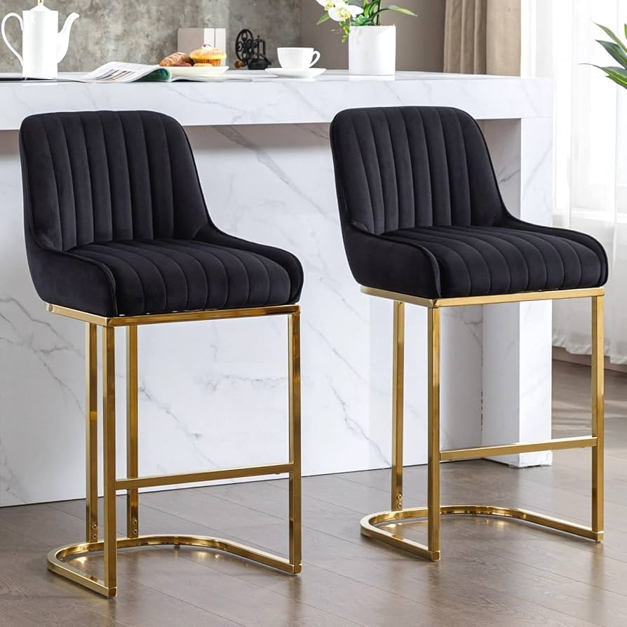 ROCITY Black Velvet Bar Stools Set of 2 Modern Counter Stools with Gold Legs 26 Inch Counter Heig... | Amazon (US)