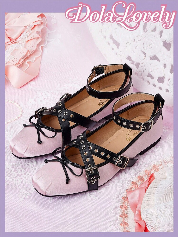 Dola Lovely Blue Satin Criss-Cross Metallic Buckle Ballet Flats, Elegant Sweet Style, Suitable For Plus Size Women, Spring | SHEIN