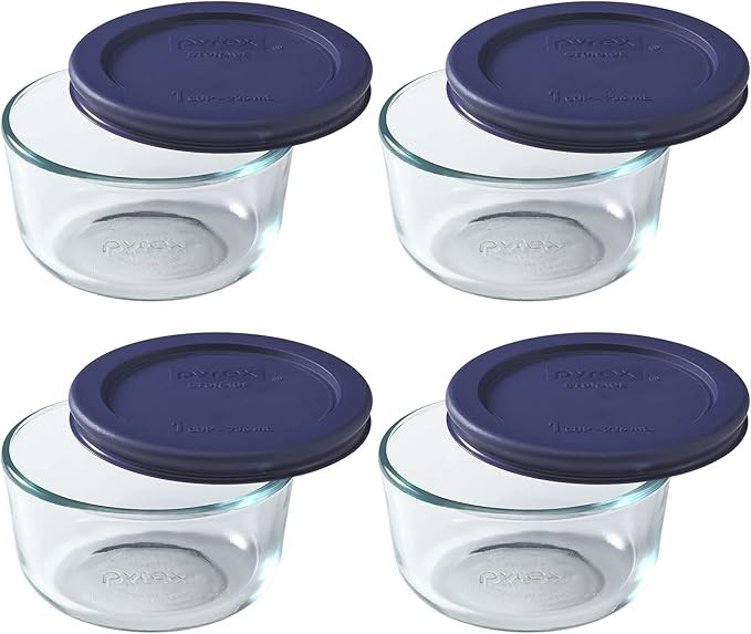 Pyrex (4) 7202 1-Cup Glass Bowls & (4) Pyrex 7202-PC 1-Cup Dark Blue Lids Made in the USA | Amazon (US)