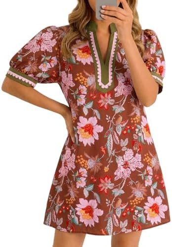 Wenrine Womens Summer Mini Dress Casual Floral Puff Sleeve V Neck Color Block Loose Boho Beach Dr... | Amazon (US)