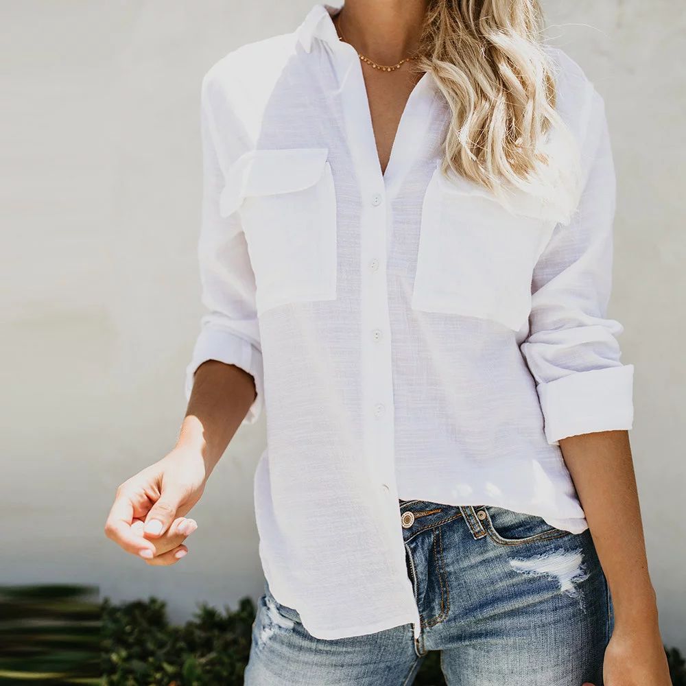 Mosunx Women Cotton linen Casual Solid Long Sleeve Shirt Blouse Button Down Tops - Walmart.com | Walmart (US)