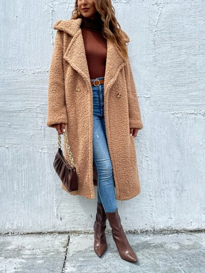 Lapel Neck Double Button Teddy Coat | SHEIN