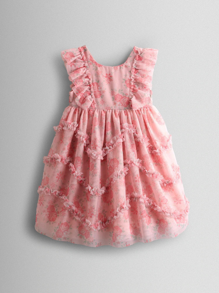 JoJo Maman Bébé Rose Pink Printed Tulle Ruffle Party Dress | Next US