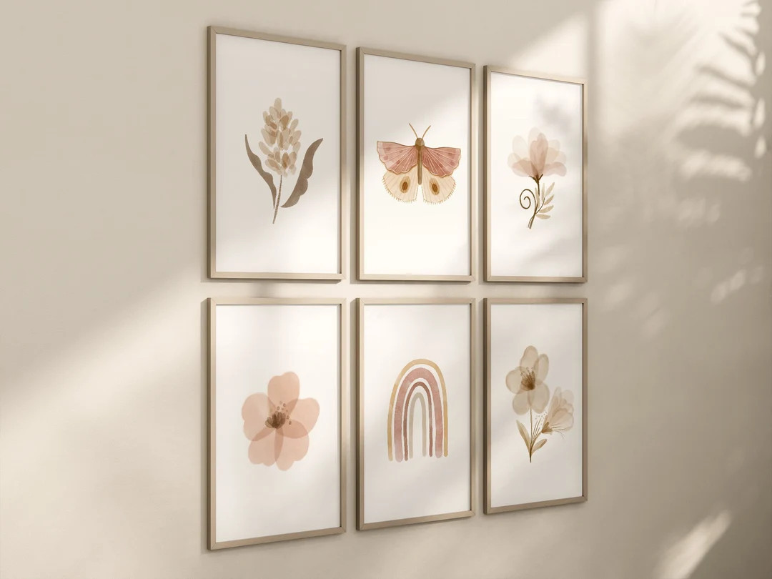 Boho Butterfly Floral Set of 6 Nursery Art Prints, Rainbow Nursery Wall Art, Neutral Nursery Deco... | Etsy (US)