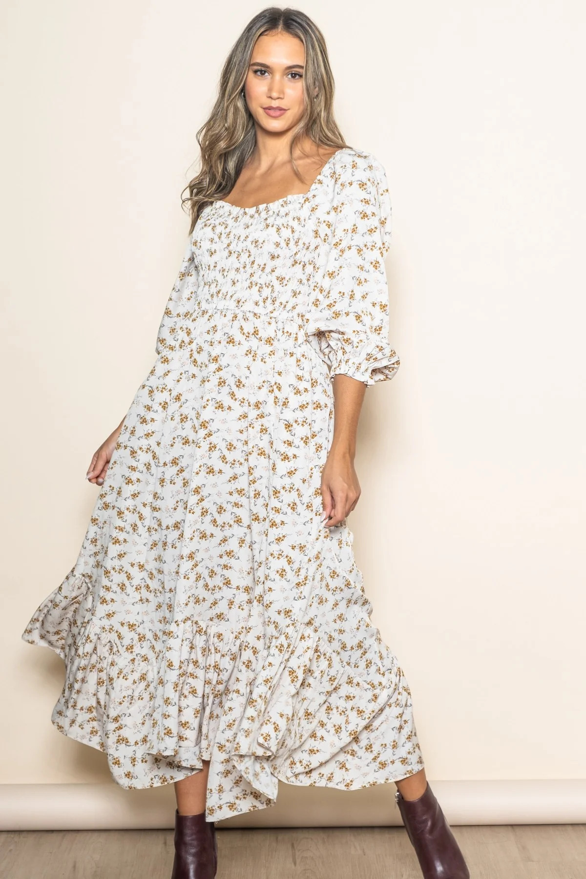 Ivory Floral Smocked Handkerchief Hem Maxi Dress | PinkBlush Maternity