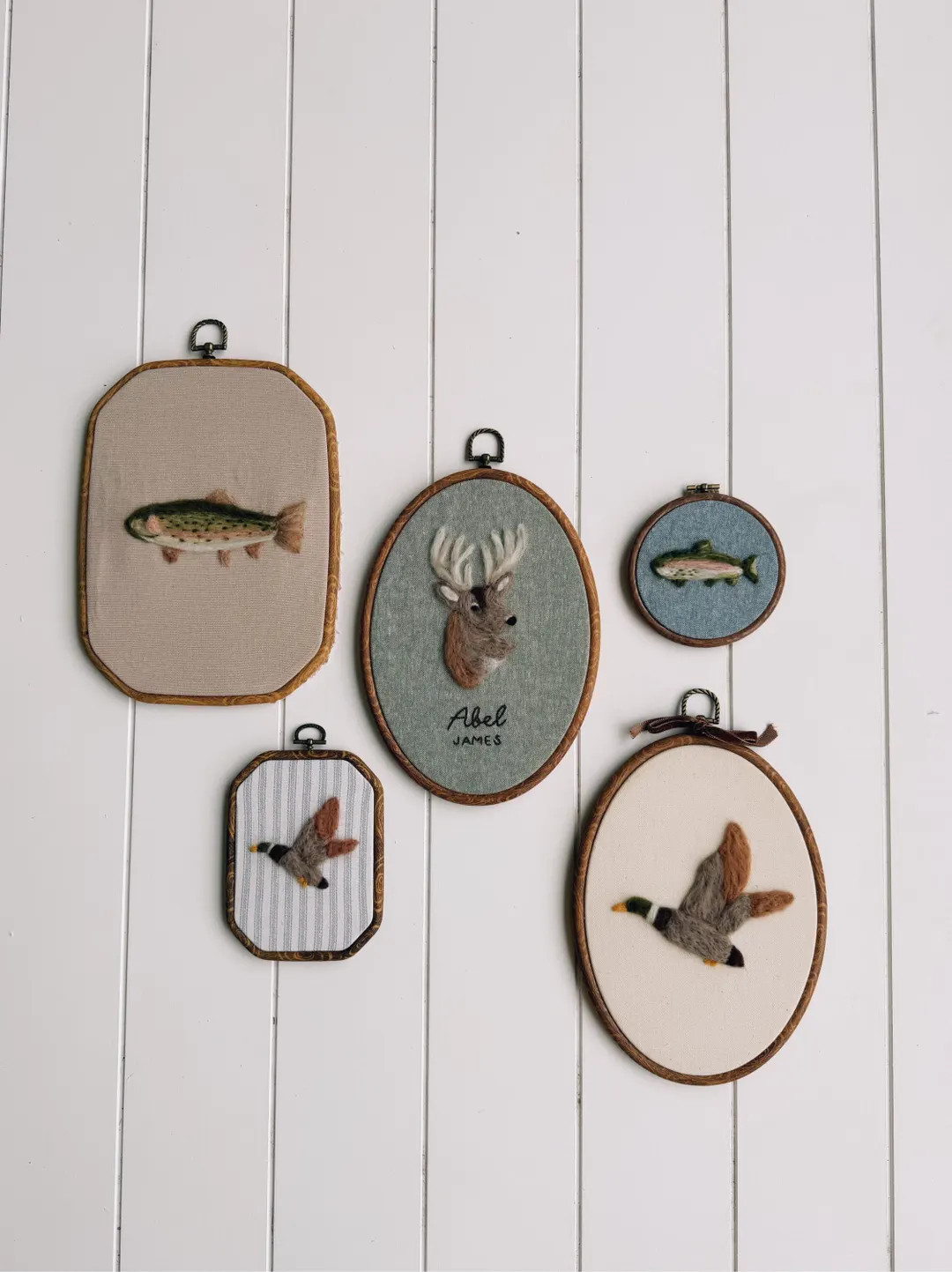 Needle Felt Woodland Wall Art Set, Hunting Nursery Decor, Deer Duck Fish Hoop Art, Rustic Boys Ro... | Etsy (US)