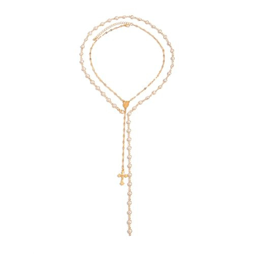 Layered Pearl Cross Necklace For Women Dainty Stackable Long Cross Necklaces Wedding Bridal Pearl Jewelry For Everyday Wear (B) | Amazon (US)