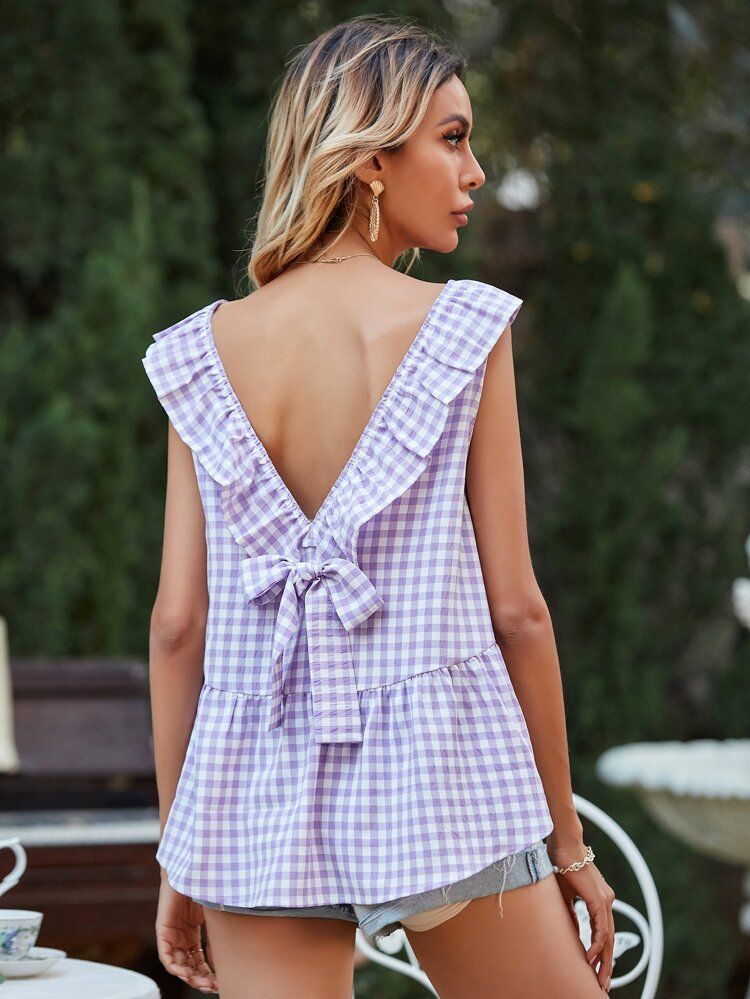 Gingham Tie Back Ruffle Trim Blouse | SHEIN